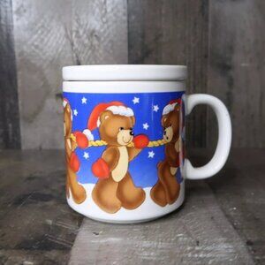 1988 Dakin Bearry Christmas Coffee Mug with Coaster Lid Santa Teddy Bears